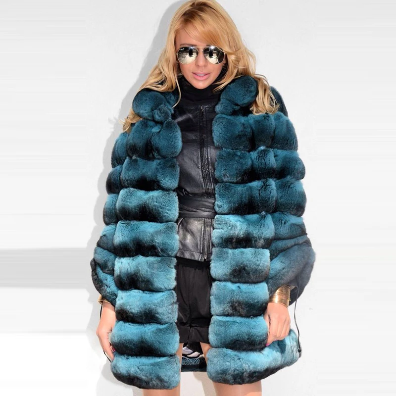 Fashion Women Real Rex Rabbit Fur Coats Long Natural Full Pelt Chinchilla Color Rabbit Fur Jackets With Fur Collar Overcoat 2022