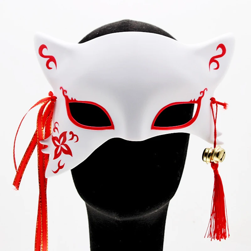 

Japanese Fox Masks With Bells Tassels Anime Kabuki Kitsune Masks Halloween Cosplay Party Props Black White Half Face Cat Mask