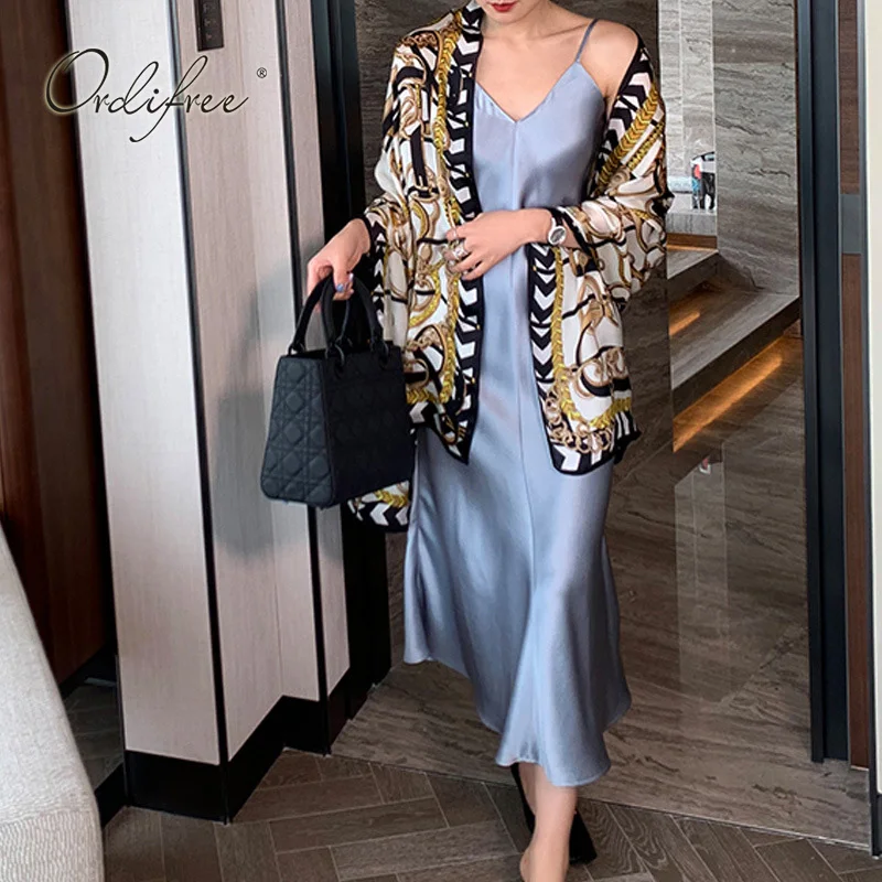 

Ordifree 2021 Summer Luxury Women Satin Slip Dress Vintage Sexy Spaghetti Strap Silk Long Dress