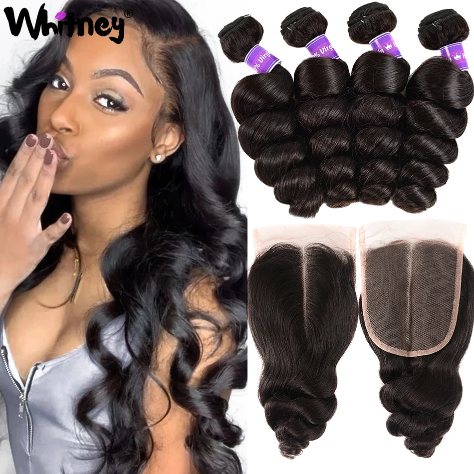 Malaysian Human Hair Bundles With Closure 100% Remy Hair HD Transparent Lace Frontal With Loose Wave 3 Bundles For Women Whitney