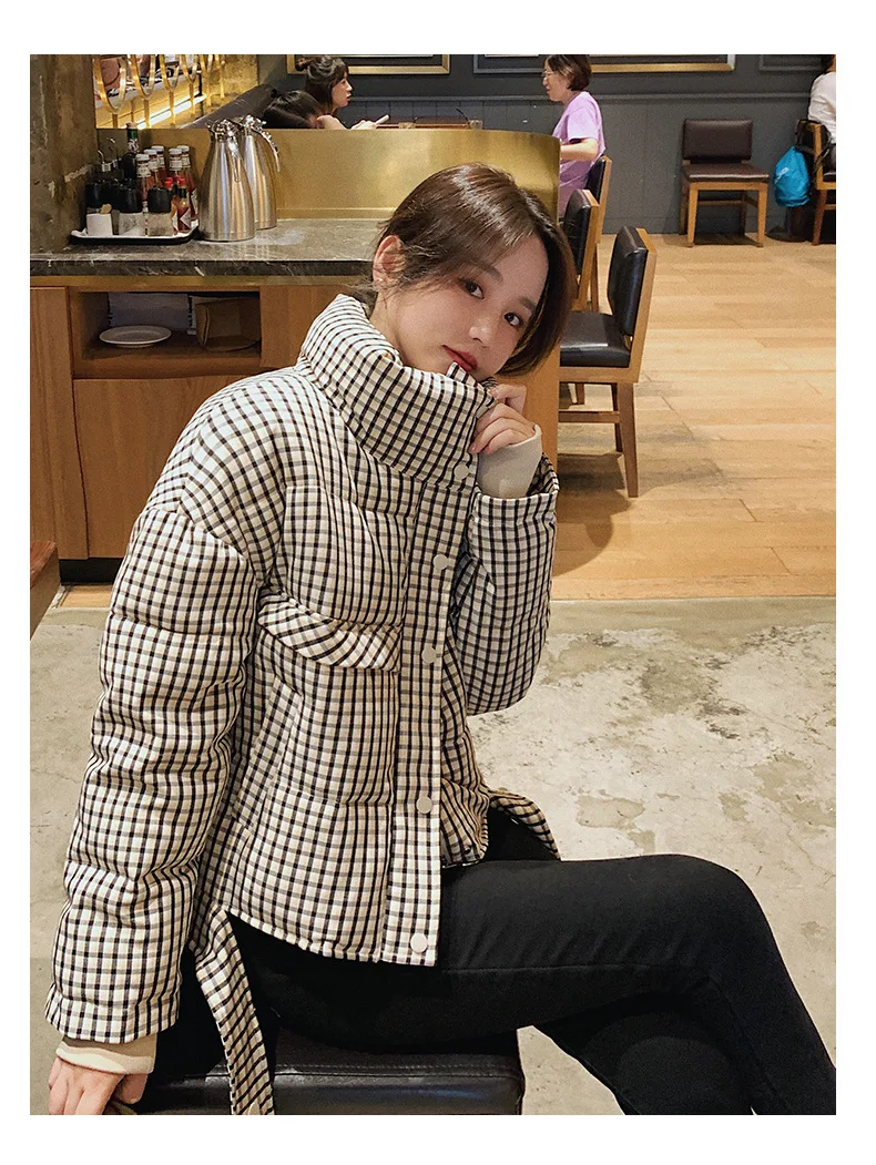 

Зимняя куртка, новая Корейская версия, пальто в ломаную клетку, костюм, толстый и свободный, корейский стиль, маленький, стильный, свежий пле...