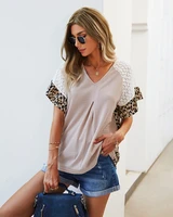 summer women v neck short sleeve casual tops pink slim cotton pullover 2021 new fashion all match tees leopard patchwork t shirt