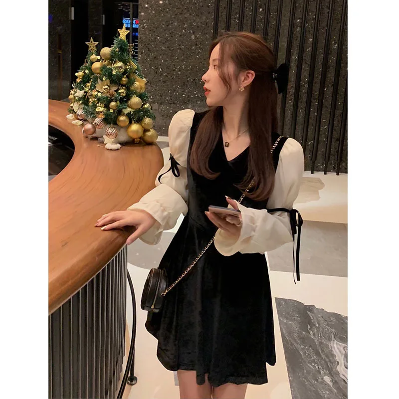 

Винтажное мини-платье в стиле "Лолита" для женщин, осень 2021, кружевное бархатное вечернее платье с бантом, женское повседневное милое цельно...