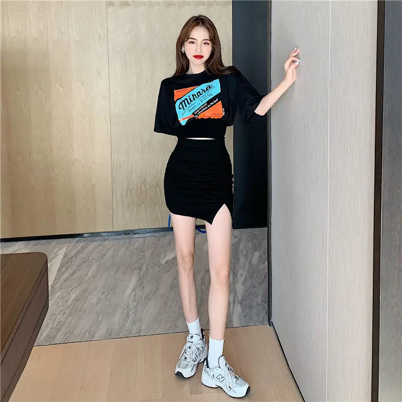 2 Piece Set Women Skirt And Top Summer 2021 Short Sets Pleat Skirts Printing T Shirt Dress Set KPOP Student Two Piece Set Skirt