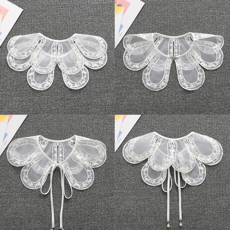 

Detachable Hanfu Dress Shawl Shoulder Wrap Organza Embroidery Floral Lace Fake Collar Lace-Up Button Necklace Poncho