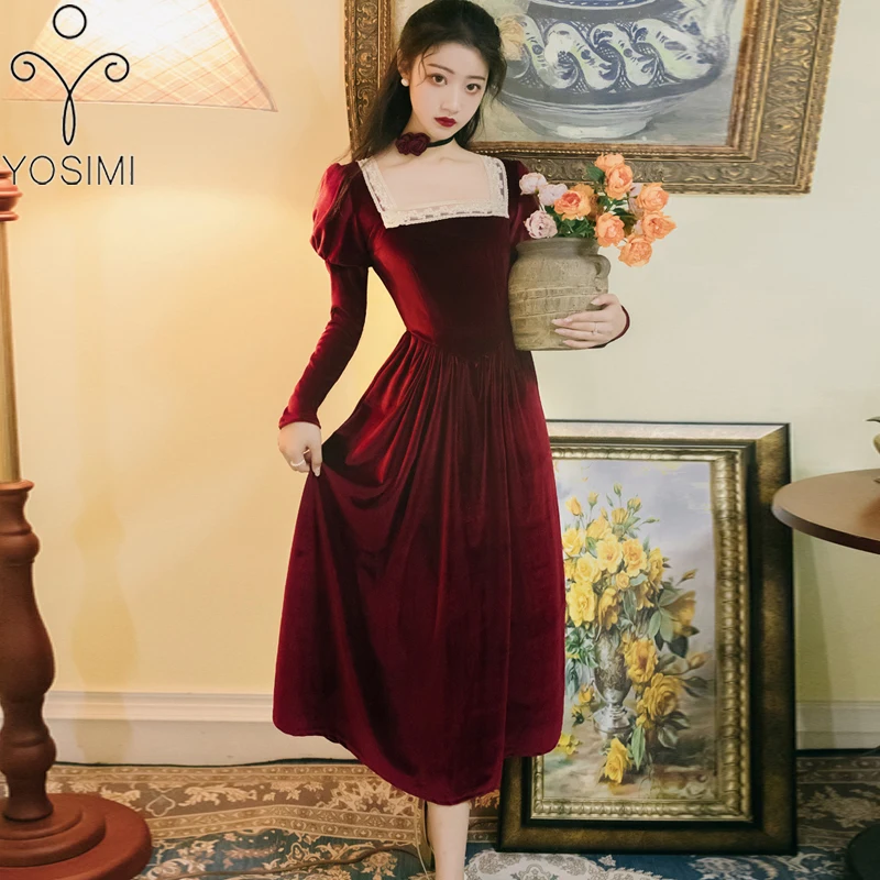 

YOSIMI 2021 Autumn Winter Court Velvet Dress Lace Square Collar Long Puff Sleeve Mid-calf Long Women Dress Red Wine Party Dress