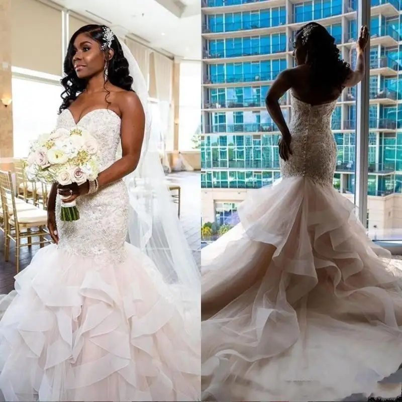 

Plus Size Mermaid Wedding Dresses 2021 Sweetheart Lace Applique Cascading Ruffles Sweep Train Bridal Gowns vestido de novia