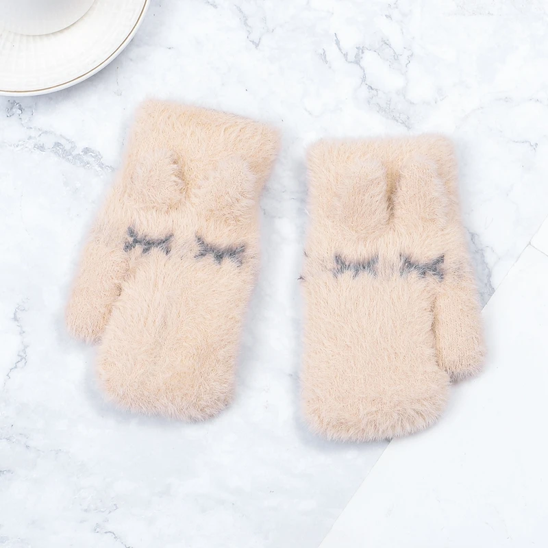 Children Girl Winter Mittens Gloves 5-10 Years Plus Velvet Furry Kid Cute Rabbit Keep Warm Soft | Детская одежда и обувь