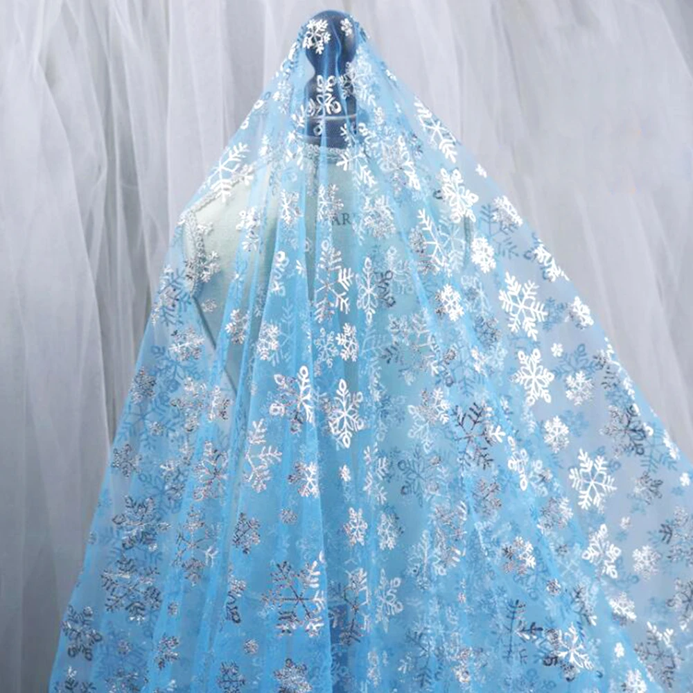 150 см * 90 Снежинка Печатный полиэстер тюль ткань органза синяя Серебристая
