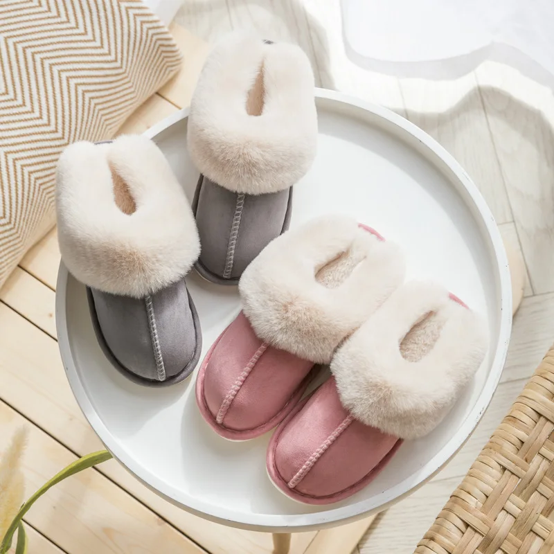 

Cotton slippers female new plush couple cotton slippers indoor home thick bottom warm deerskin cotton slippers