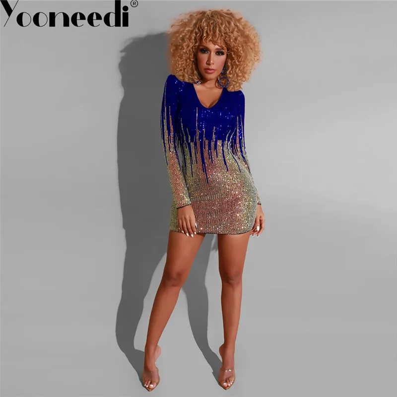 Yooneedi 2019 Осеннее дизайнерское Сексуальное Женское Платье 3 цвета градиент блестки