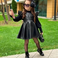 wenazao toddler kids baby girls spring autumn overall black faux leather ruffles short sleeve backless suspender princess dress
