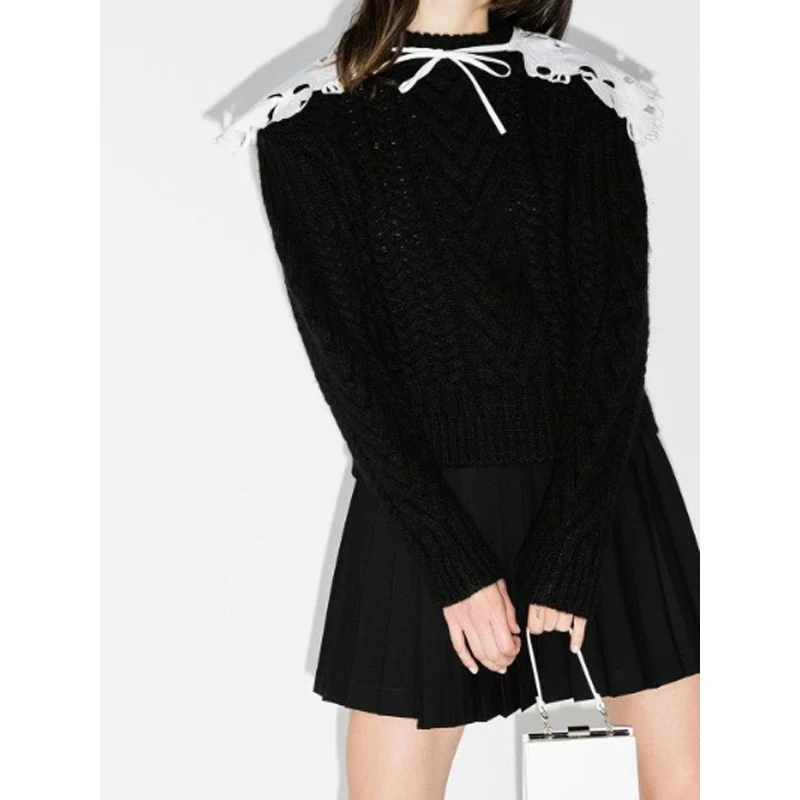 

High Sale!!! 10.40 Hot End Luxury Warm Long Sleeve Pullover Sweater Women Wool Alpaca Twist Lace Shawl Design Loose Knitwear