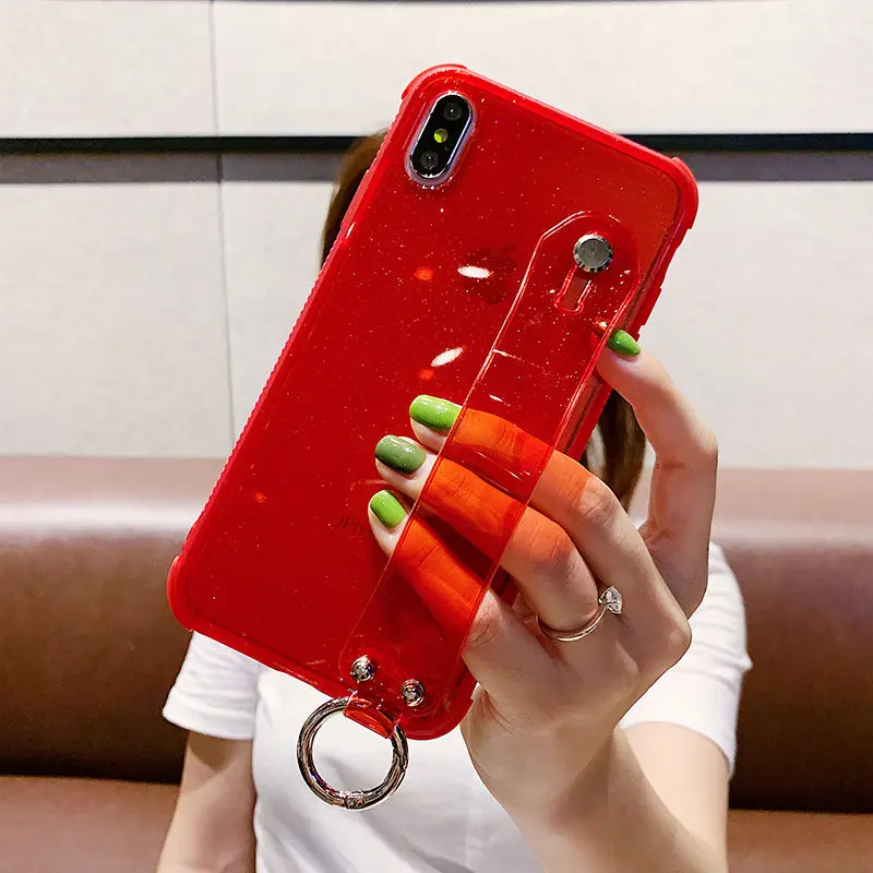 Блестящий порошковый чехол для телефона iPhone X, XR, XS, Max, 8, 7 Plus, 6, 6S Plus, прозрачный мягкий ТПУ противоударный блестящий чехол - Цвет: with Wristband