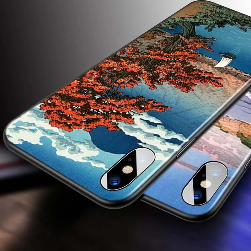 

For iPhone 12 11 Pro Max mini Bright Black Case Japan Wave Art for iPhone Max XR X 8 7 6 Plus 5S SE Phone Case
