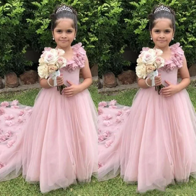 New Pink Ball Gown Flower Girls Dresses Scoop Handmade Flowers Court Train Girls Pageant Dresses Birthday Party Gowns