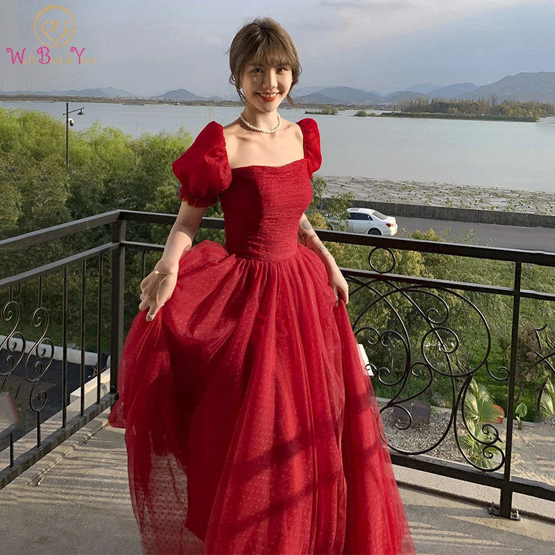 

100% Real Burgundy Evening Dreses Cap Short Sleeves Long Women Formal Party Gowns Dot Tulle A Line Floor Length Sqaure Neck