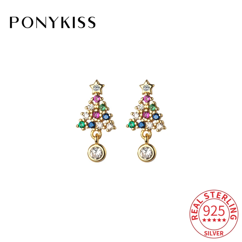 Стильные серьги-гвоздики PONYKISS из стерлингового серебра 925 пробы с цветным цирконием и рождественской елкой, серьги из золота 14 к для женщин, Изящные Ювелирные изделия, Прямая поставка