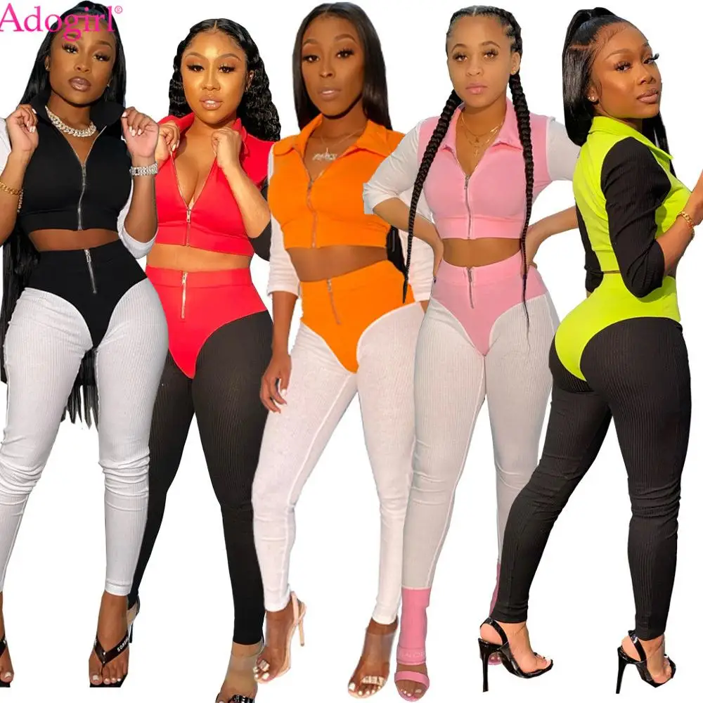 

Adogirl Casual Color Patchwork Ribbed Two Piece Tracksuit Set Turn Down Collar Long Sleeve Zipper Crop Top Pencil Pants Suit