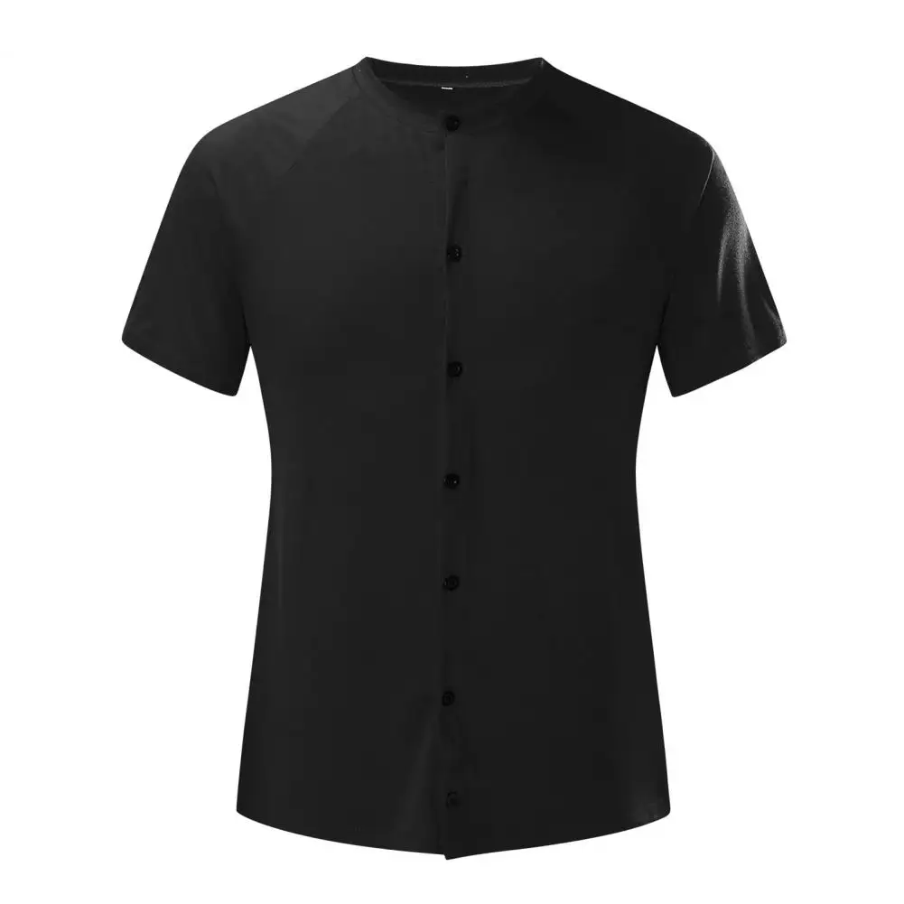 

Summer Men Shirt Single-breasted Round Neck Short Sleeve T-shirt Pure Color Men T-shirts For Male Tops 2021