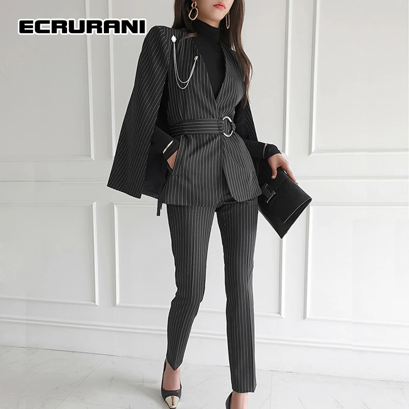 

ECRURANI Stripe Patchwork Casual Two Piece Set For Females V Neck Long Sleeve Coats High Waist Pants 2021 Women's Trousers Suits