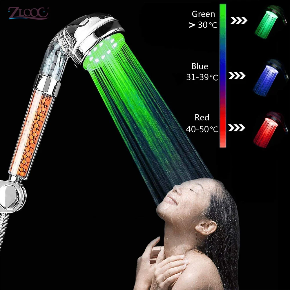 

Zloog Hot 3/7 Color Changing LED Shower Head Temperature Control High Pressure Water Saving Hand Bathroom Anion Spa Shower Head