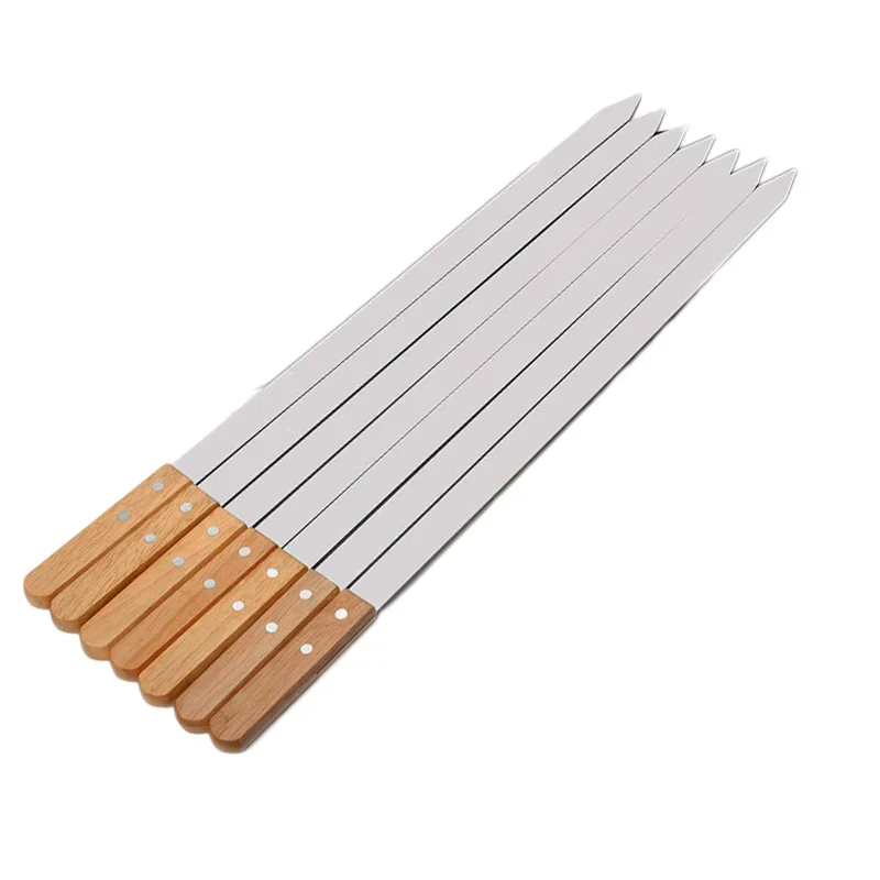 2-8pcs 23.5'' Large Stainless Steel BBQ Skewers Oak Wood Barbecue Grill Forks Long Handle Flat Kebab Skewer BBQ Accessories Tool