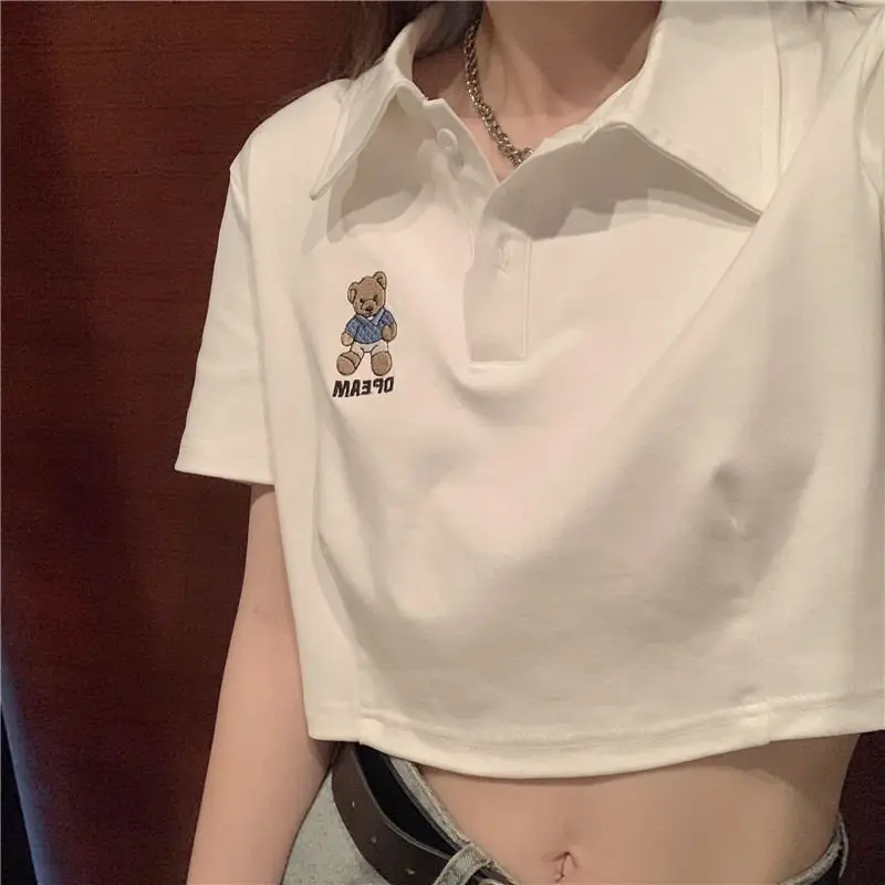 

Little Bear T-shirt Female 2021 New Summer Short-sleeved High-waist Navel Short Polo Collar Top Trend