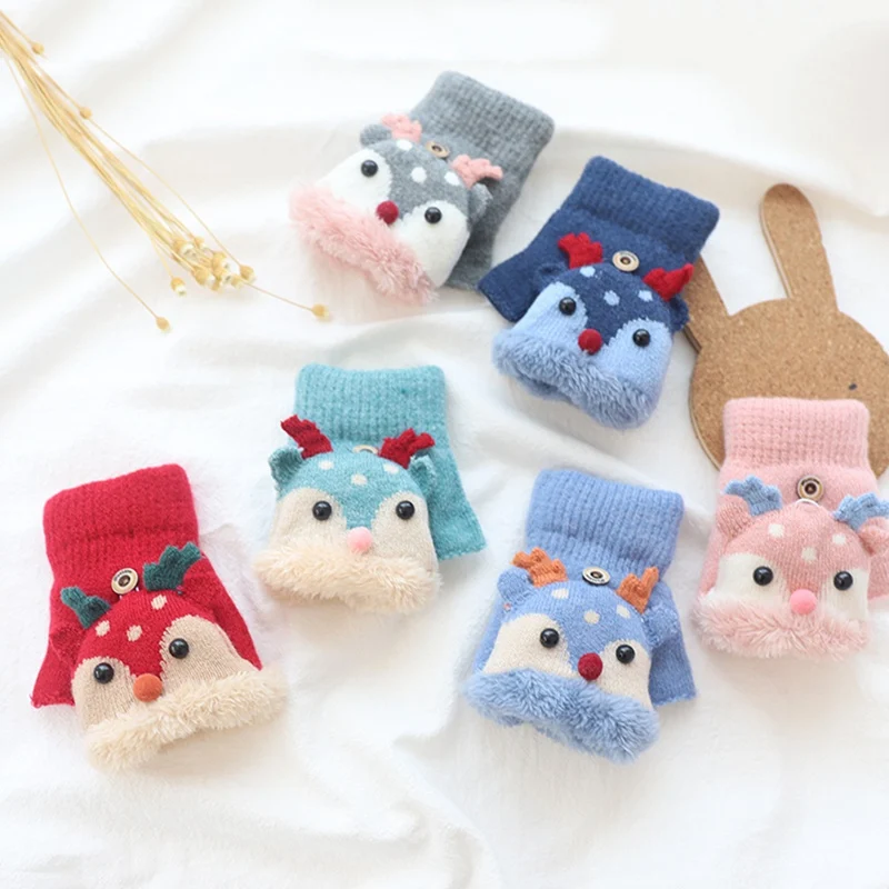 От 4 до 8 лет зимние детские вязаные перчатки с рисунком лося открытыми пальцами