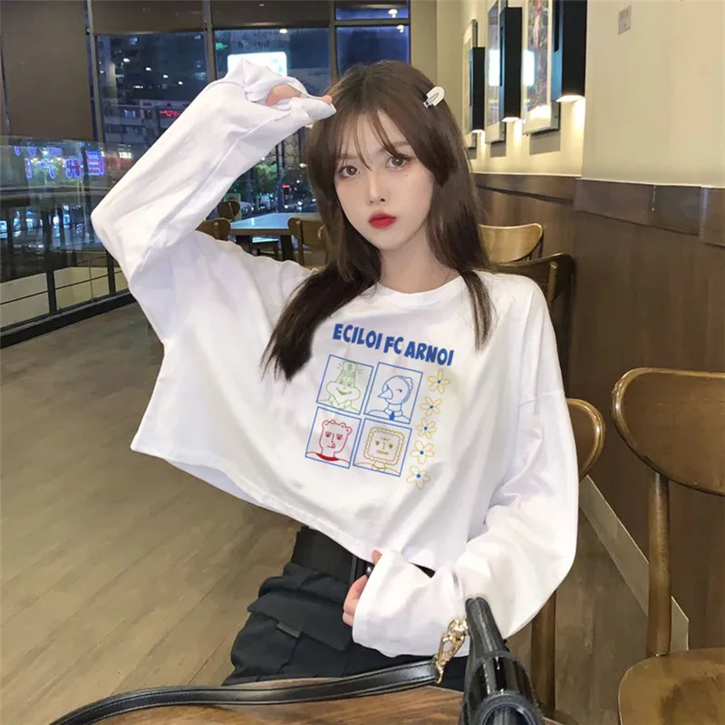 

XZ1723 2021 new Cute cartoon printed letters loose long sleeve T-shirt