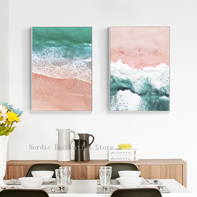 Розовые и зеленые морские накидки настенные принты Пляжное масло живопись