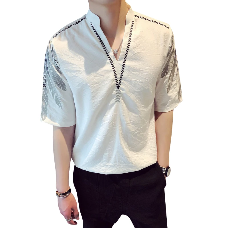 

Summer boys middle-sleeved T-shirt loose Korean version of the trend five-point sleeve t-shirt V-neck tide brand ins short-sleev