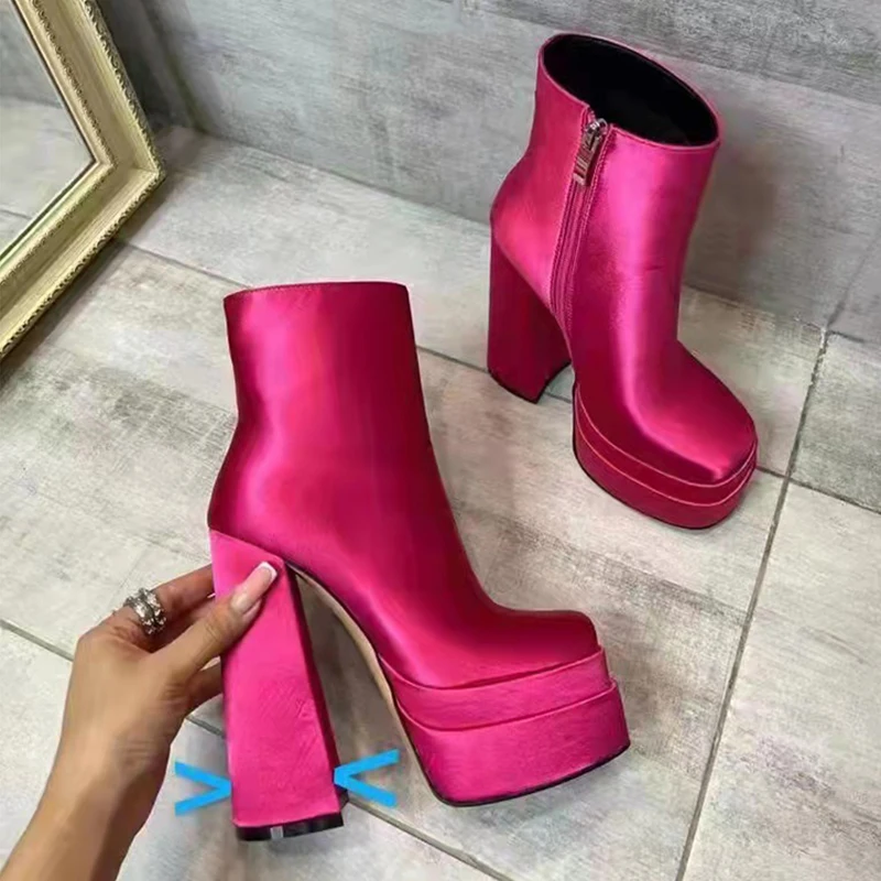 

European and American Super High Heel Thick Bottom Double Waterproof Platform Square Head Satin Thick Heel Walk Show Short Boot