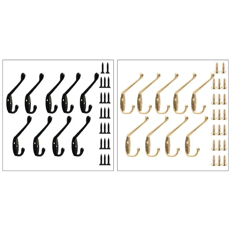 

9 Pack Coat Hooks Wall HooksHeavy Duty Wall Mounted for Hat Hardware Dual Prong Retro Coat Hanger with 20 Screws(Black/Gold)