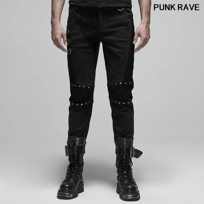 

Fashion Simple Coarse Twill Fabric Mesh Splice Pencil Trousers Punk rivets leisurely Men Classic black Pants PUNK RAVE WK-417XCM