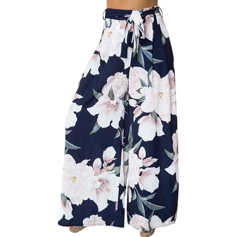 Floral Print Wide Leg Pants Women Long Casual Chiffon Trousers Summer Boho Beach Elastic High Waist Spring | Женская одежда