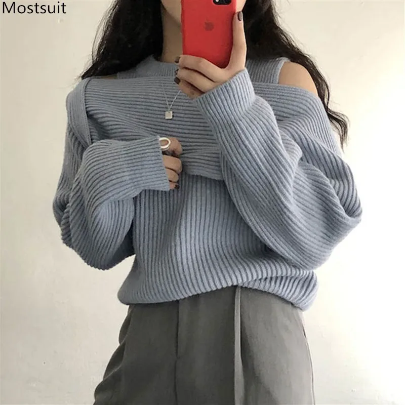 

Свитер Женский вязаный, с открытыми плечами и длинными рукавами, на осень/зиму, 2020