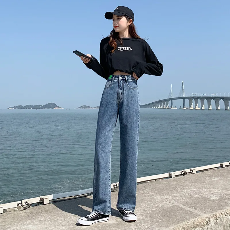 

Simple Temperament 2021 Spring and Summer Jeans for Women Loose Slimming Wide-legged Straight Mopping Long Pants for Women