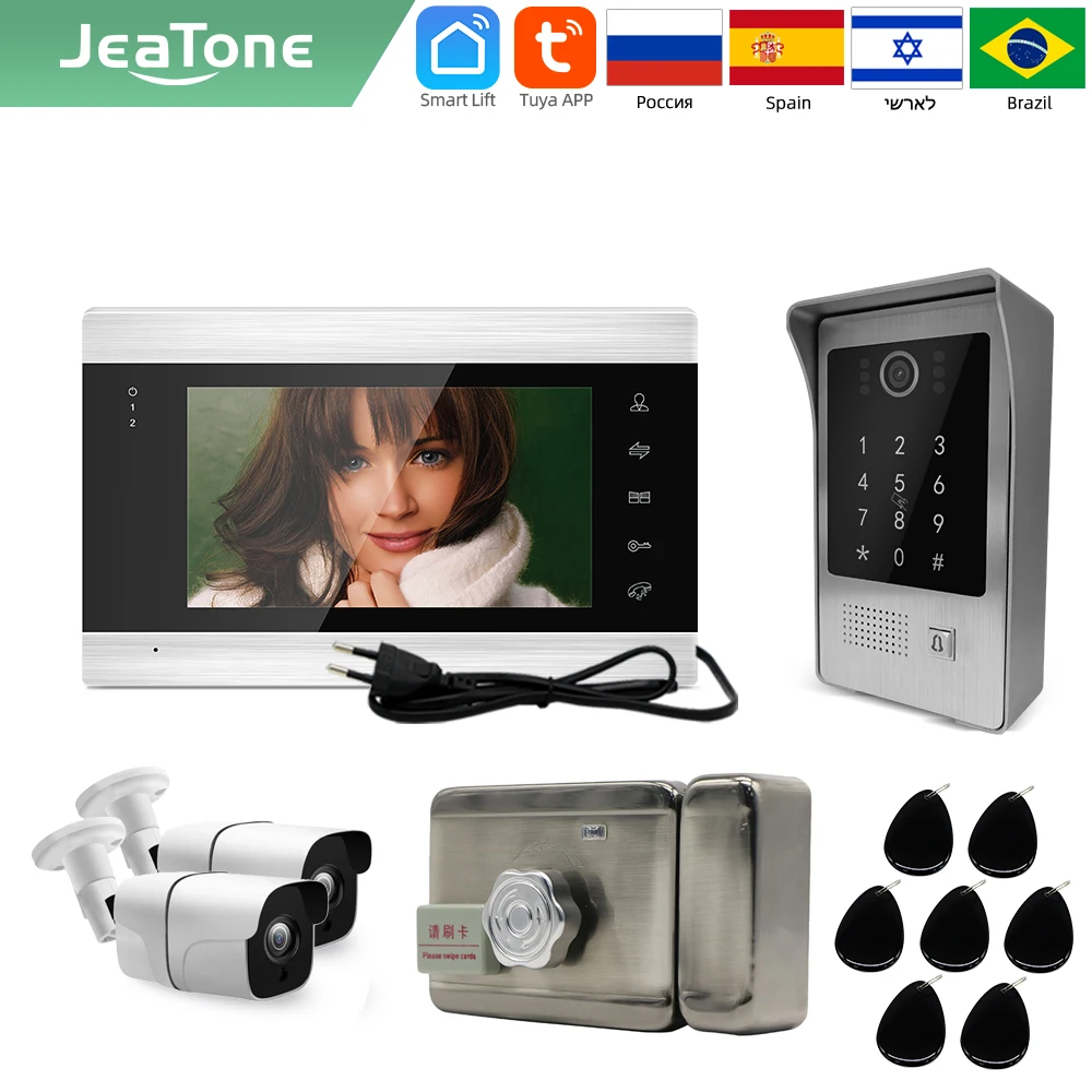 Jeatone Tuya smart 7 ‘’ WIFI video intercoms for home phone interphone with Keypad/RFID Card Door with ID lock / ourdoor Camera