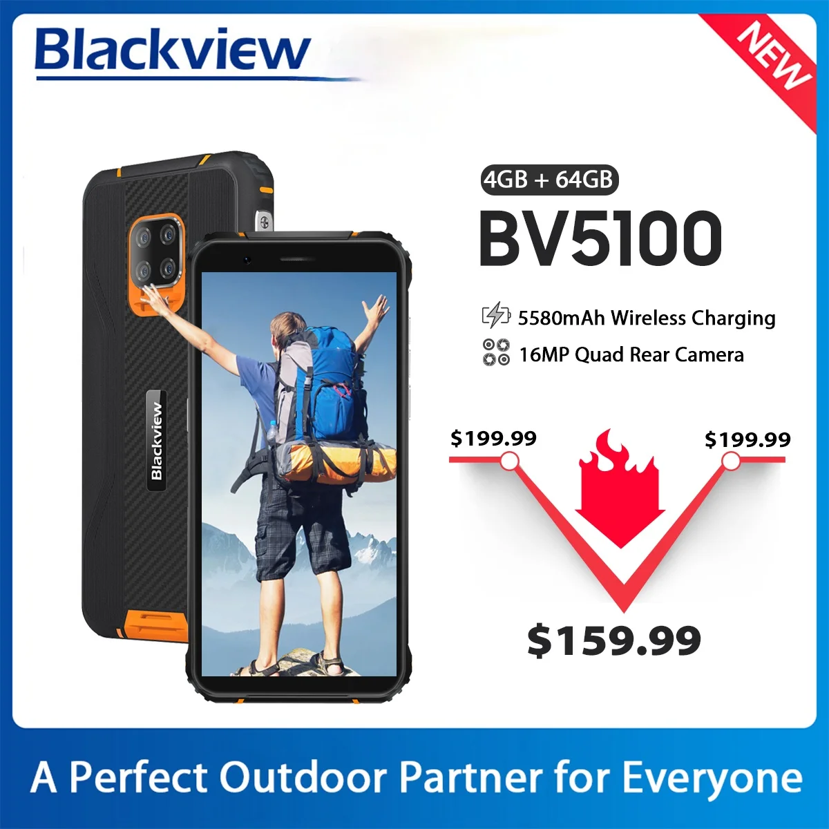 

Blackview Global Version BV5100 4GB+64GB Mobile Phone IP68 Waterproof Rugged Phone 5580mAh 5.7" Android 10 NFC 16MP Smartphone