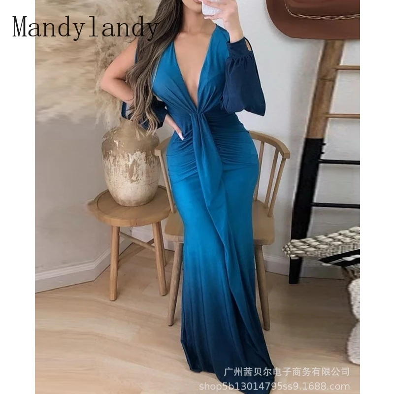

Mandylandy Dress Autumn Sexy Long Sleeve V-neck High Waist Off Shoulder Dress Women's Casual Gradient Color Slim Pleated Dress