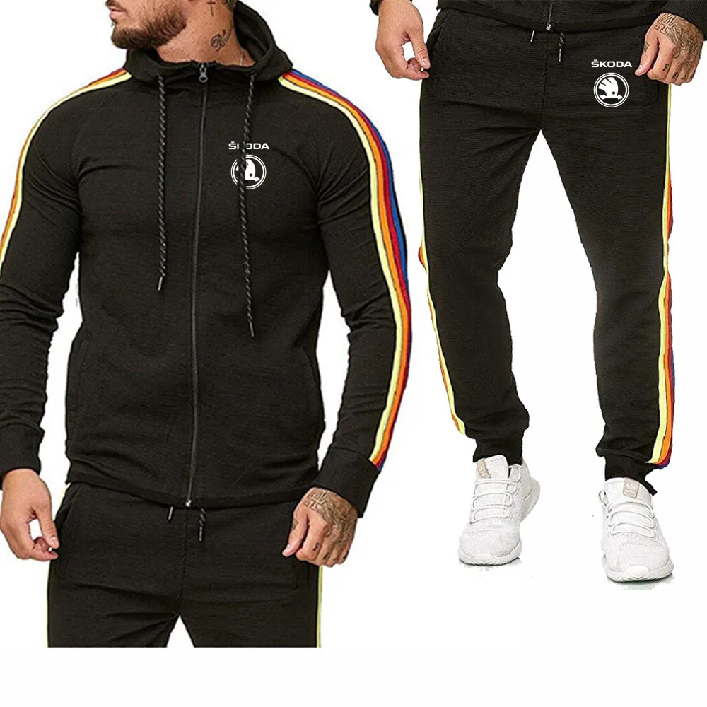 

New Spring Autumn Men's Hoodies Skoda Car Logo printing Spring Autumn Men's sweatshirt + sweatpants Suit 2pcs
