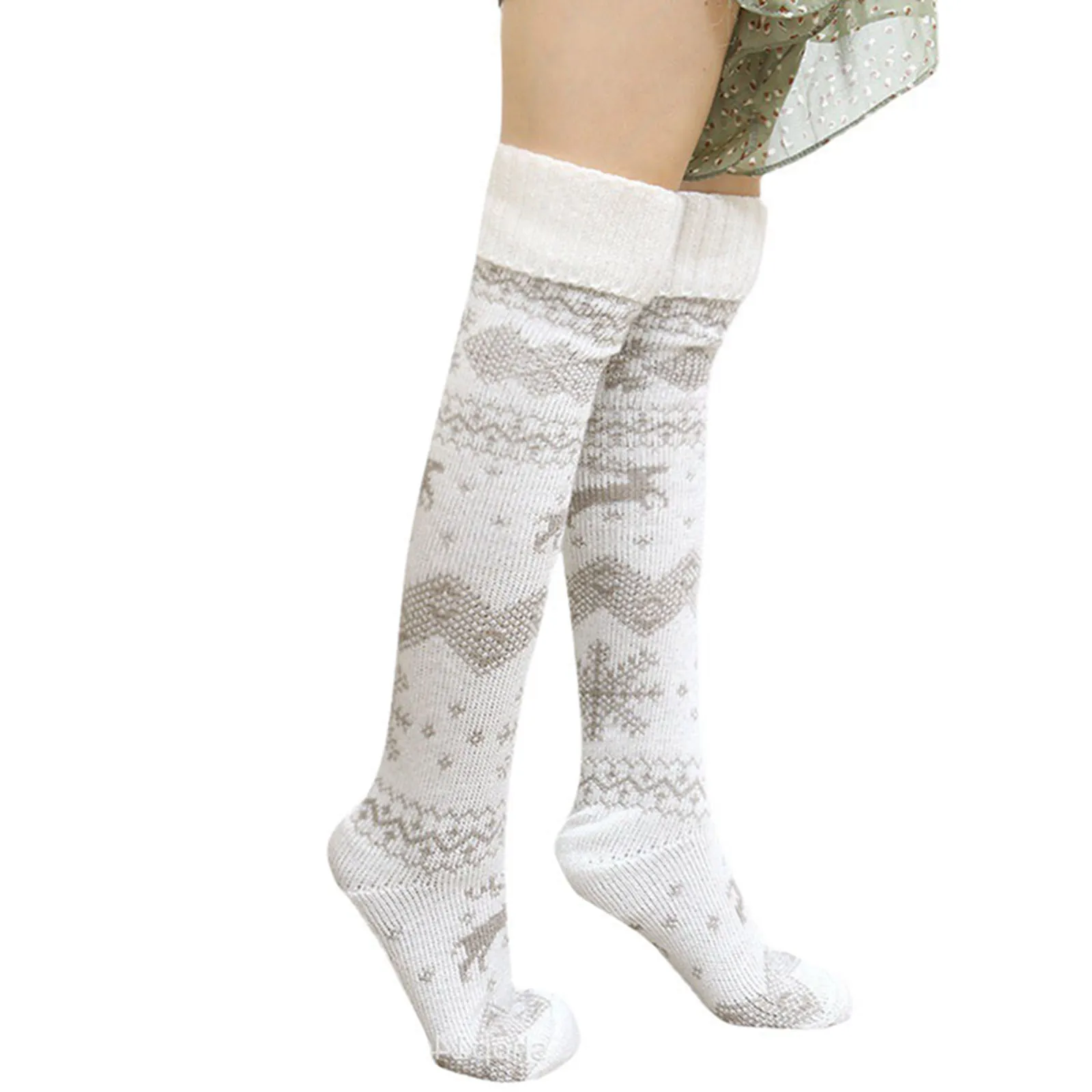 

Women Christmas Snowflake Elk Socks Thigh High Long Stockings Warm Winter Knitting Over Knee Socks Xmas Wool Soft Socks