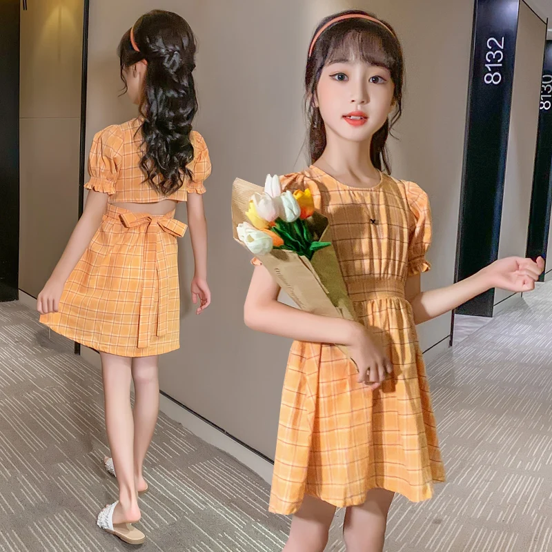

2021 New Girl Dress Fashion Plaid Kids Dresses For Girls Puff Sleeve Kids Dress Summer Party Dress For Girls 4 6 8 9 10 12 Years