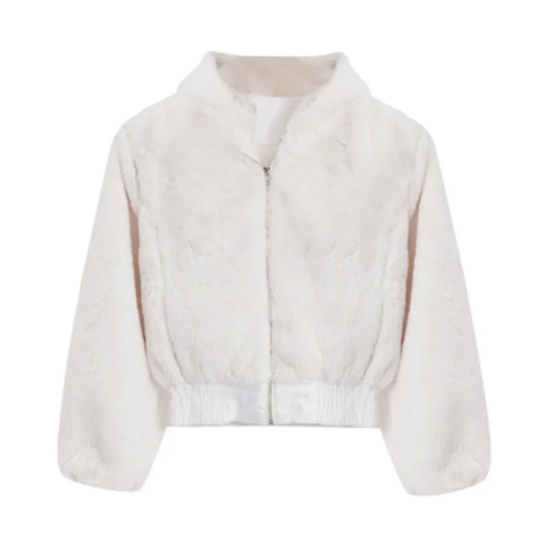 2021 Winter Women Faux Fur Coat Hooded Jacket Warm Short Artificial Parka Casual Solid Loose Long Sleeve Furry Cropped Jacket