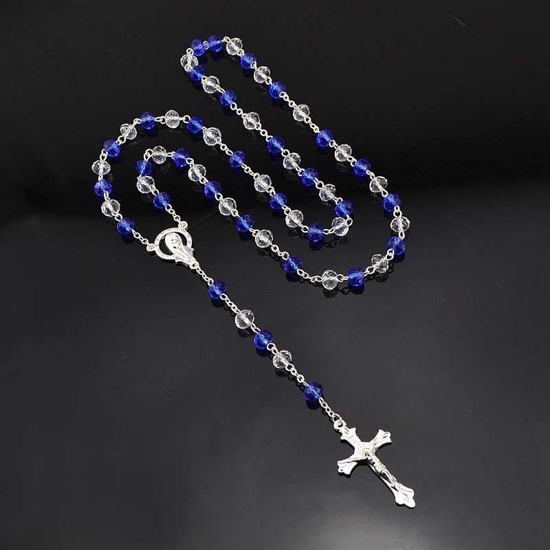 Ожерелье женское католическое серебристое с синим и белым кристаллом четки Девы