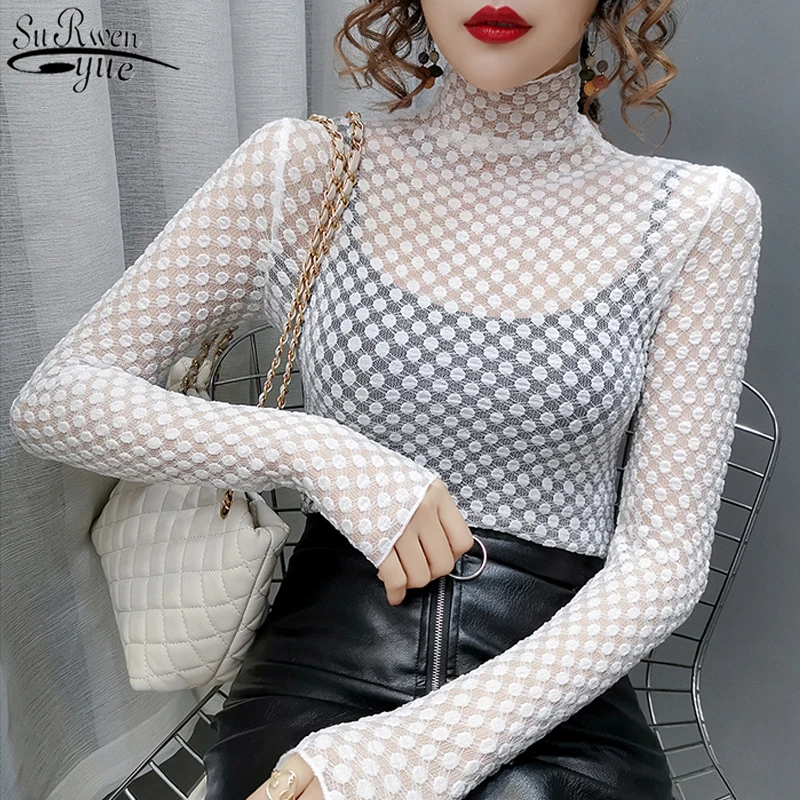 

Autumn and Winter New Style Sexy Priming Lace Upper Garment Female Long Sleeve Turtleneck Lace Bottoming Shirt Blusas 10813