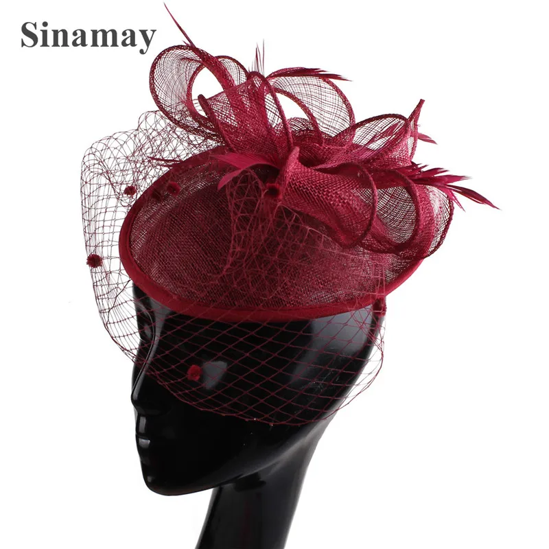 Yellow Elagant Ladies Sinamay Fascinators Feather Mesh Hair Accessories Bridal Wedding Dot Veils Headdress Fedora Caps |