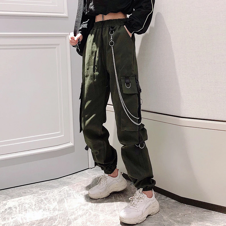 

Women's Cargo Pants 2020 Autumn Winter Fashion Pockets Loose Punk Trousers With Chain Harajuku Elastics High Waist