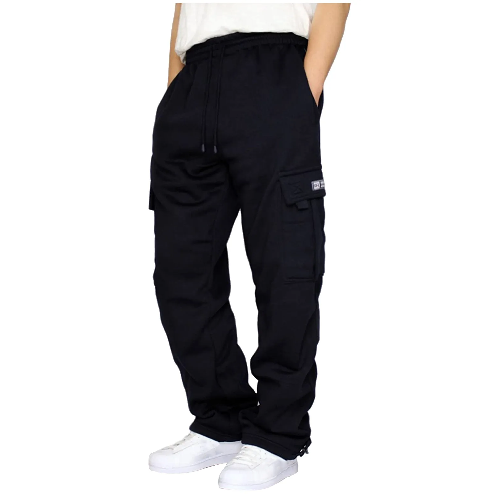 

Men's Pants Rope Loose Waist Solid Color Pocket Trousers Loose Sports Trousers Winter Sports Harajuku Velvet Cargo Pant